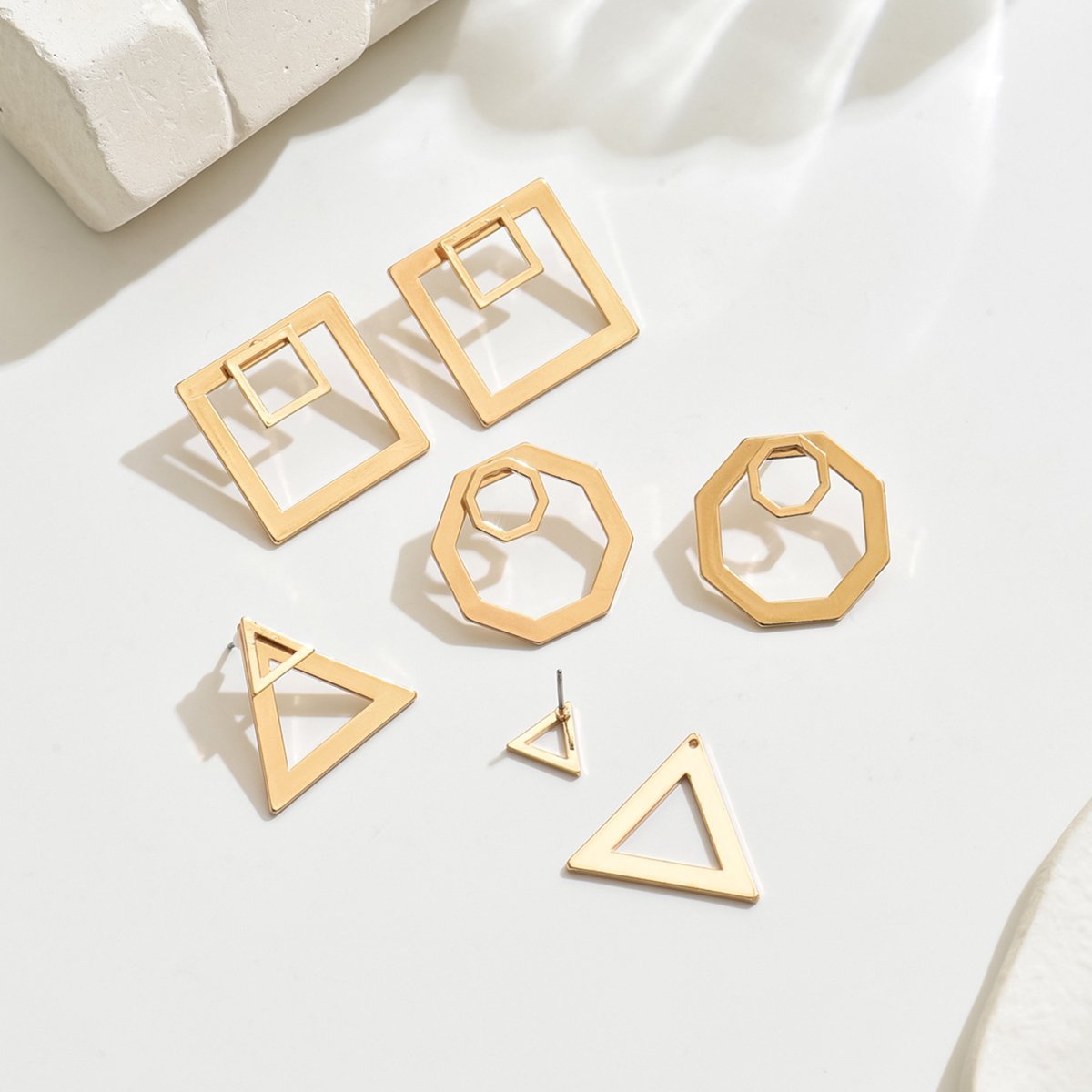 Modern Geometric Gold Stud Earrings Set