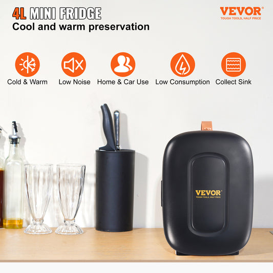 Vevor Mini Fridge, 4 Liter 6 Can Small Refrigerator For Beverage Skincare & Cosmetic, AC DC Cooler & Warmer, Mute Portable Tiny Fridge For Bedroom Office Dorm Desk Car Travel, ETL Certified, Black